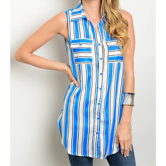 Golden Threads Tops - Blue and White Stripe Sleeveless Button Top